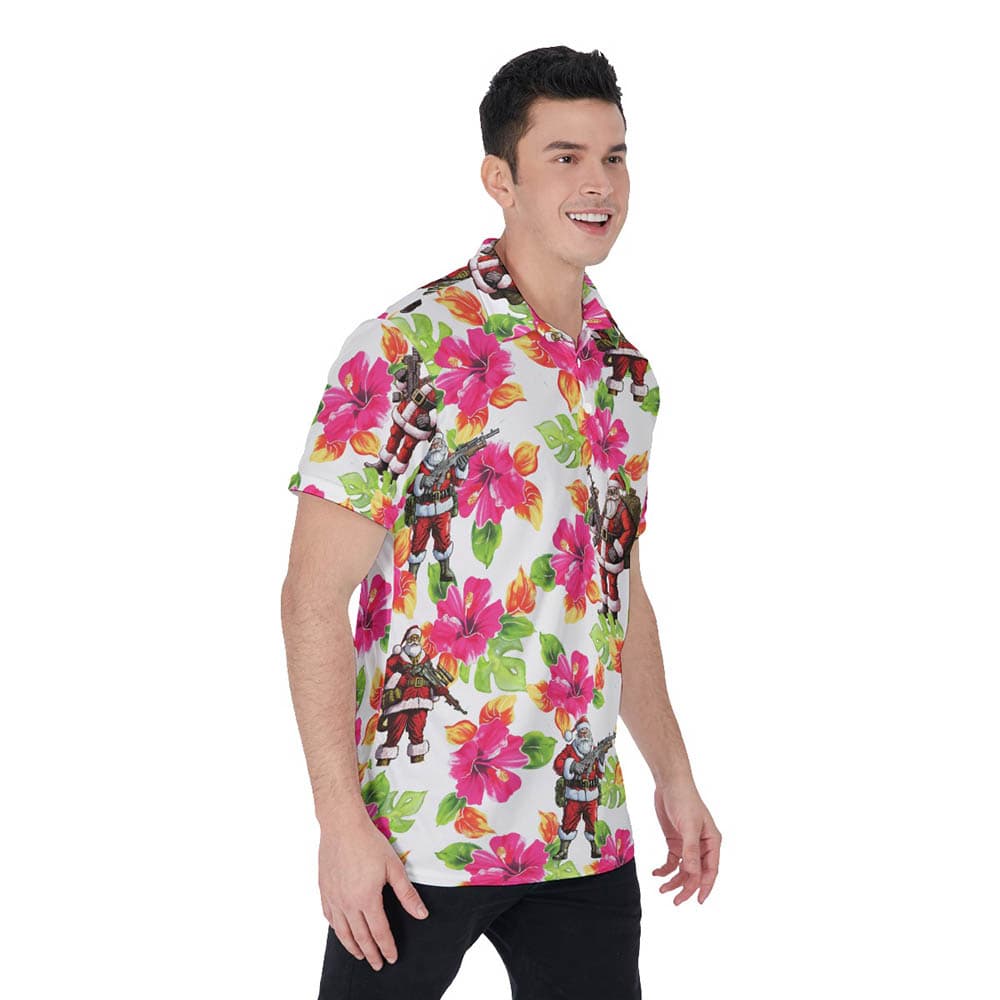 Christmas Santa Tactical Hibiscus Hawaiian Polo Shirt