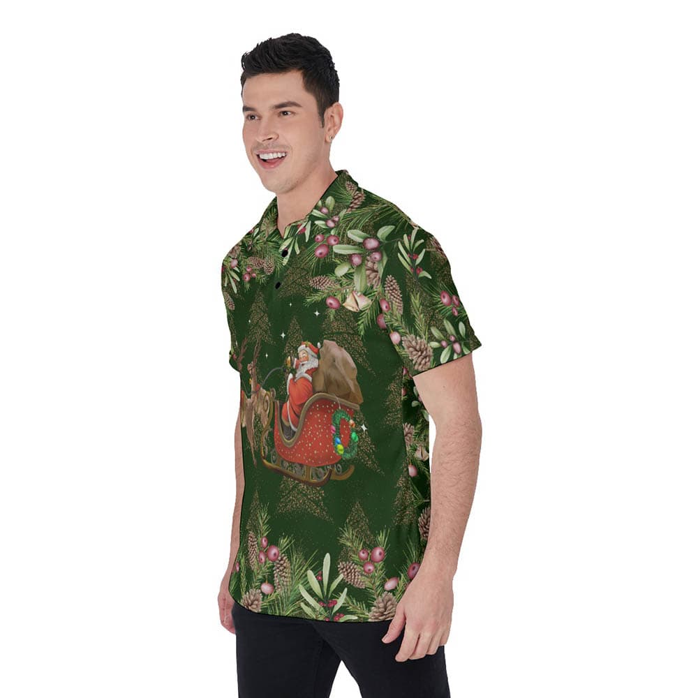 Classic Santa Claus Riding Sleigh Floral Green Hawaiian Polo Shirt