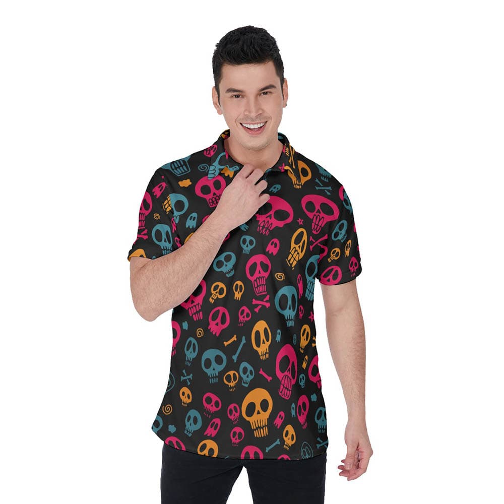 Colorful Halloween Skull Hawaiian Polo Golf Shirt