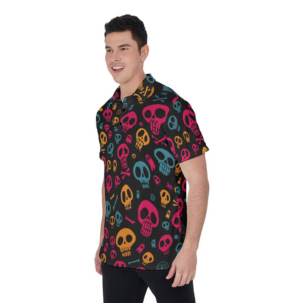 Colorful Halloween Skull Hawaiian Polo Golf Shirt