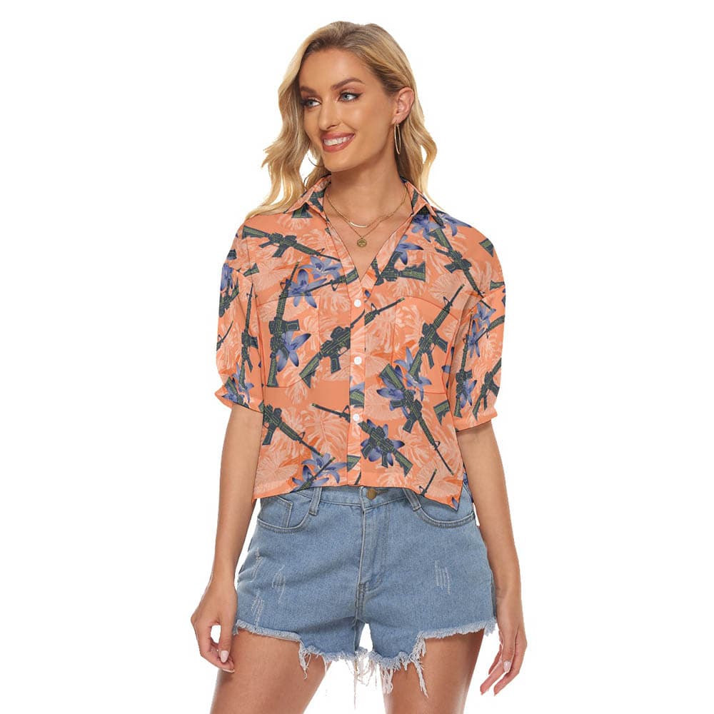 Cool Tactical Gun Floral Orange Hawaiian Crop Top Shirt (4)