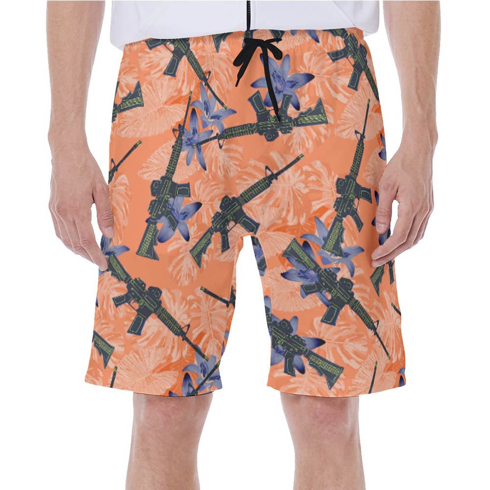 Cool Tactical Gun Floral Orange Hawaiian Swimwear For Men