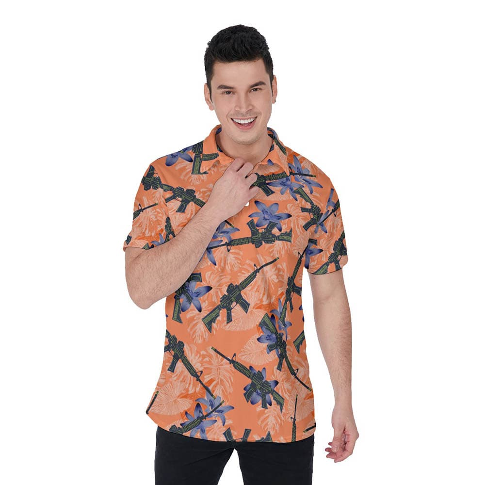 Cool Tactical Gun Floral Orange Men's Hawaiian Polo Shirt