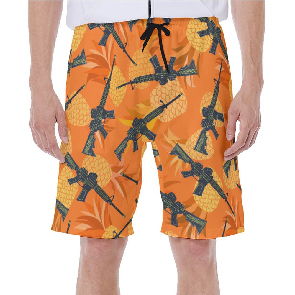 Cool Tactical Gun Pineapple Orange Hawaiian Swim Trunks For Men