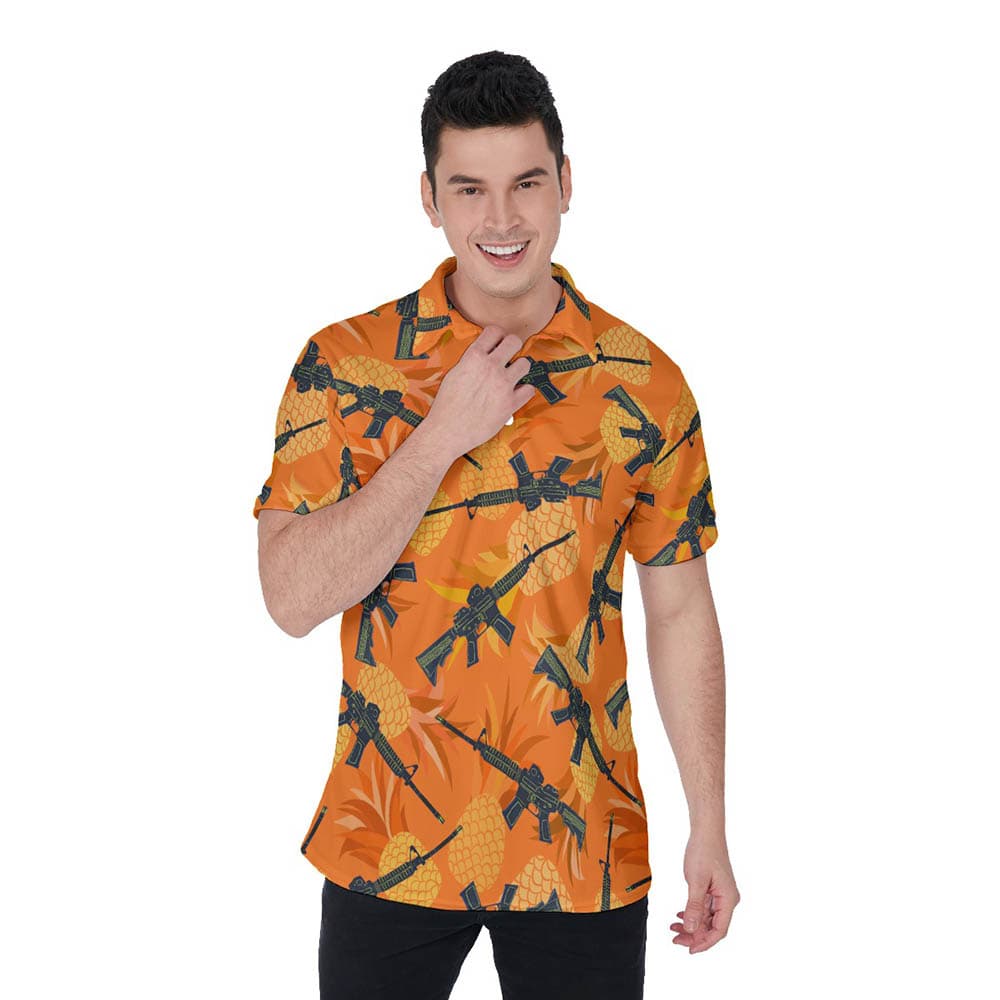 Cool Tactical Gun Pineapple Orange Men's Hawaiian Polo Golf Shirt
