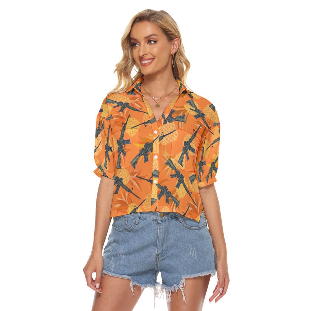 Cool Tactical Gun Pineapple Orange Women's Hawaiian Cropped Shirt