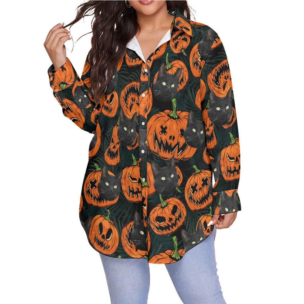 Custom Cat Face Spooky Halloween Hawaiian Long Sleeve Blouse Shirt For Women