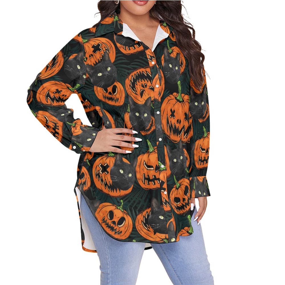 Custom Cat Face Spooky Halloween Hawaiian Long Sleeve Blouse Shirt For Women