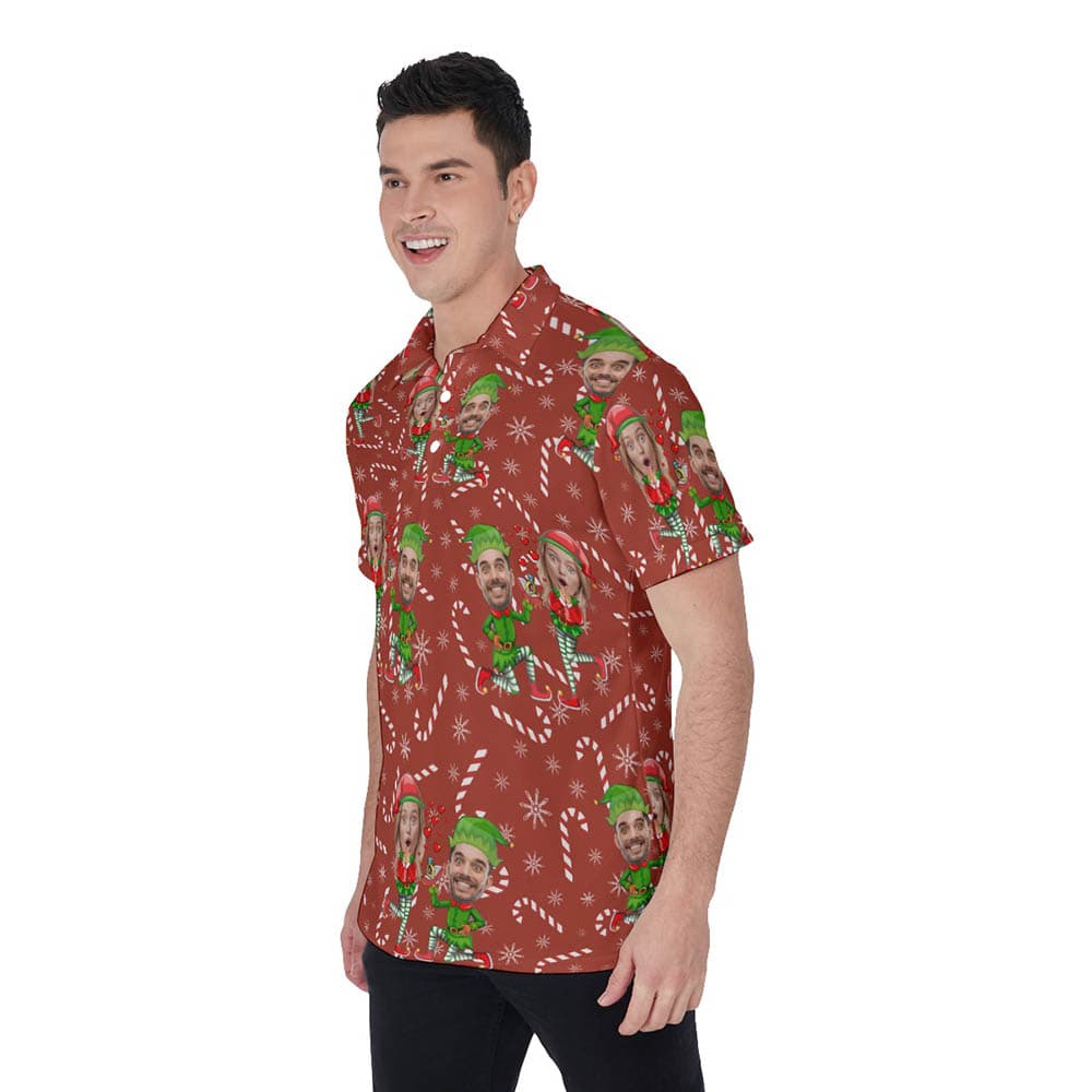 Custom Couple Face Elf Christmas Red Hawaiian Polo Shirt For Men