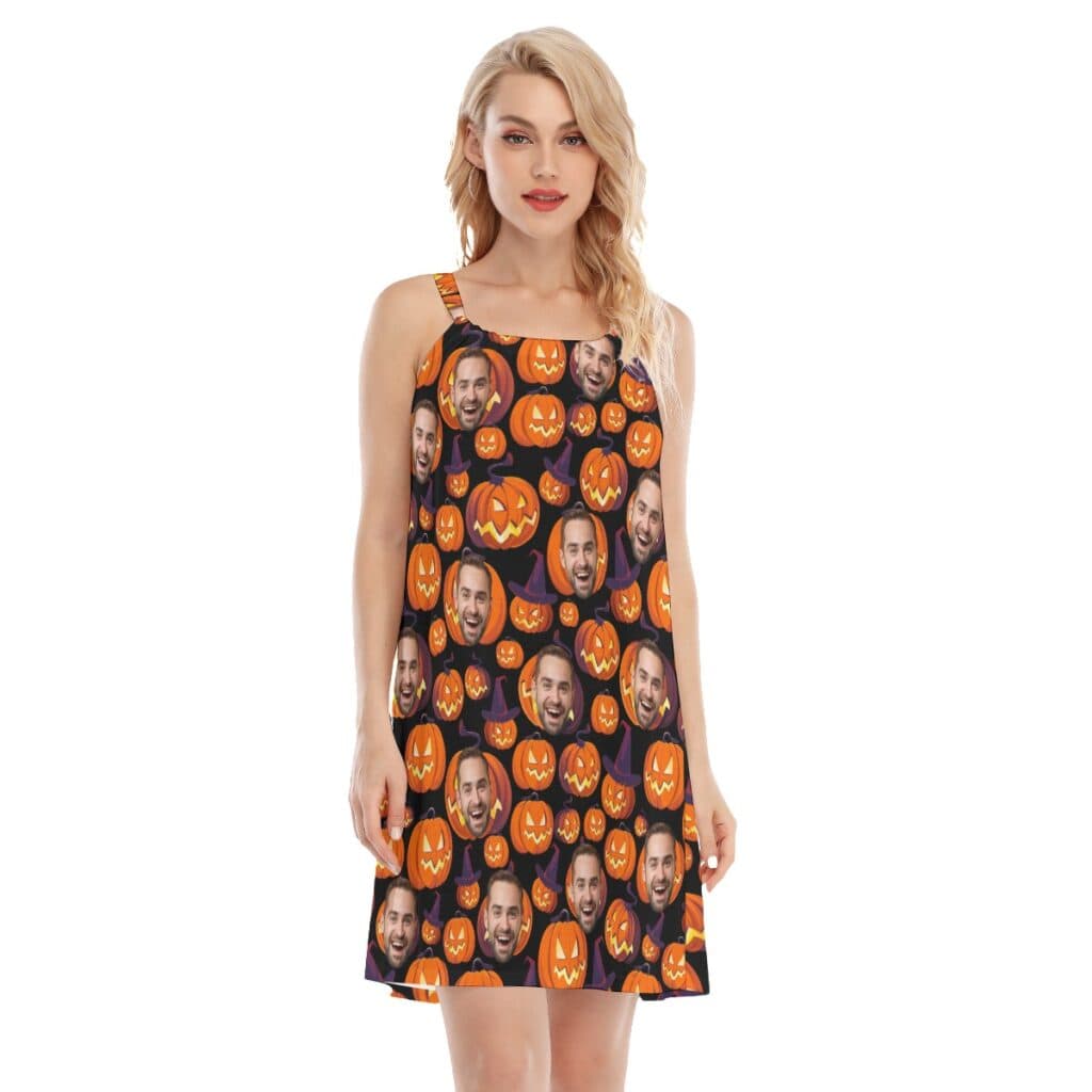 Custom Face Halloween Pumpkin Hawaiian Dress For Women