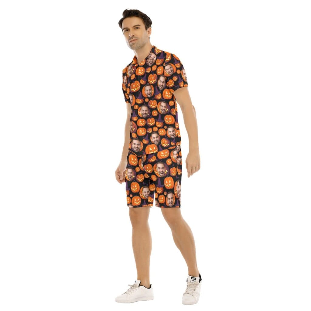 Custom Face Halloween Scary Pumpkin Hawaiian Shirt And Shorts For Men