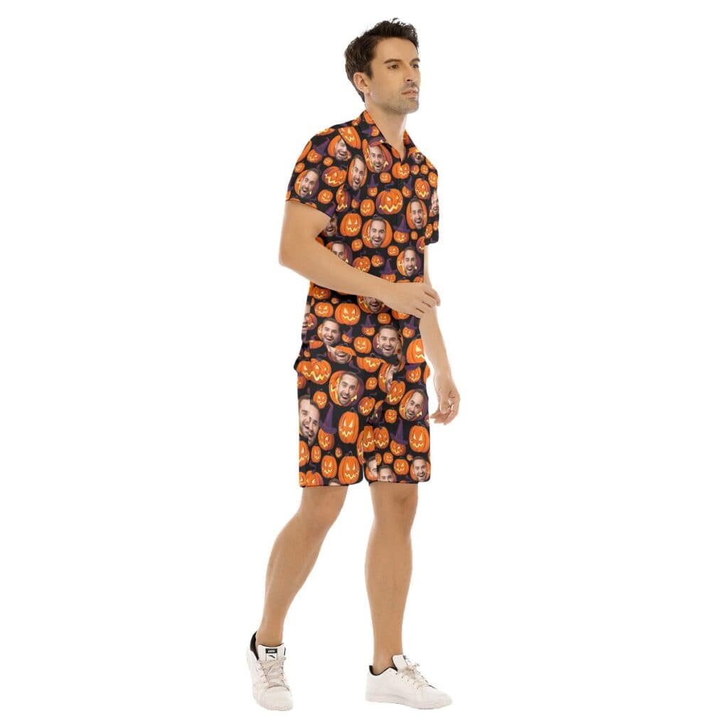 Custom Face Halloween Scary Pumpkin Hawaiian Shirt And Shorts For Men