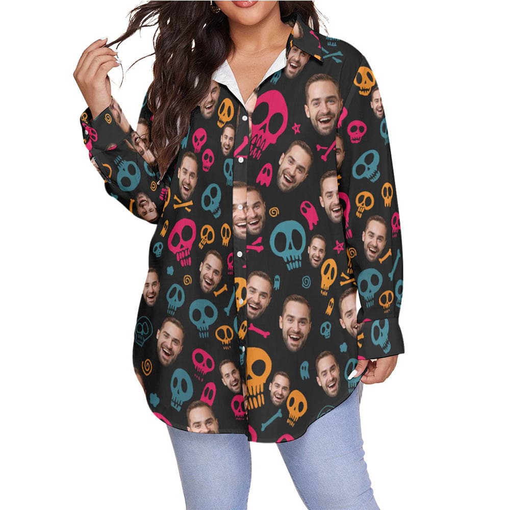 Custom Face Halloween Skull Hawaiian Blouse Shirt For Women