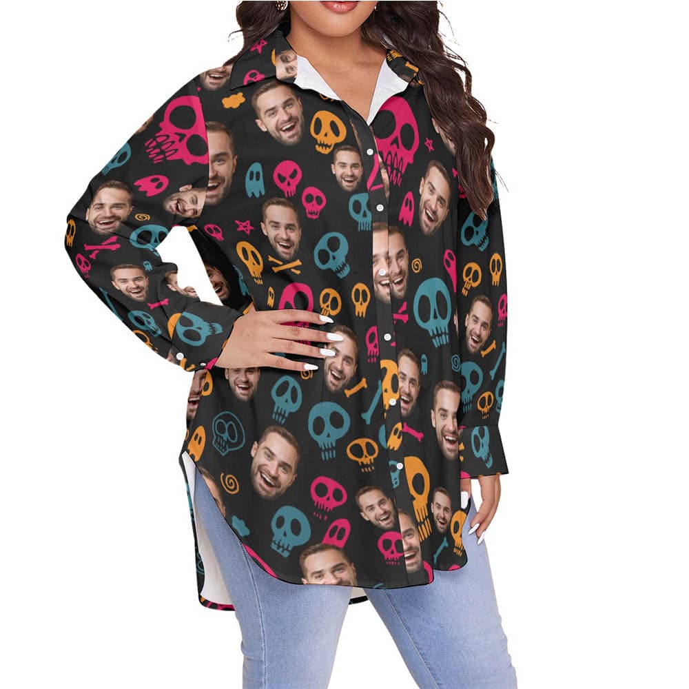 Custom Face Halloween Skull Hawaiian Blouse Shirt For Women