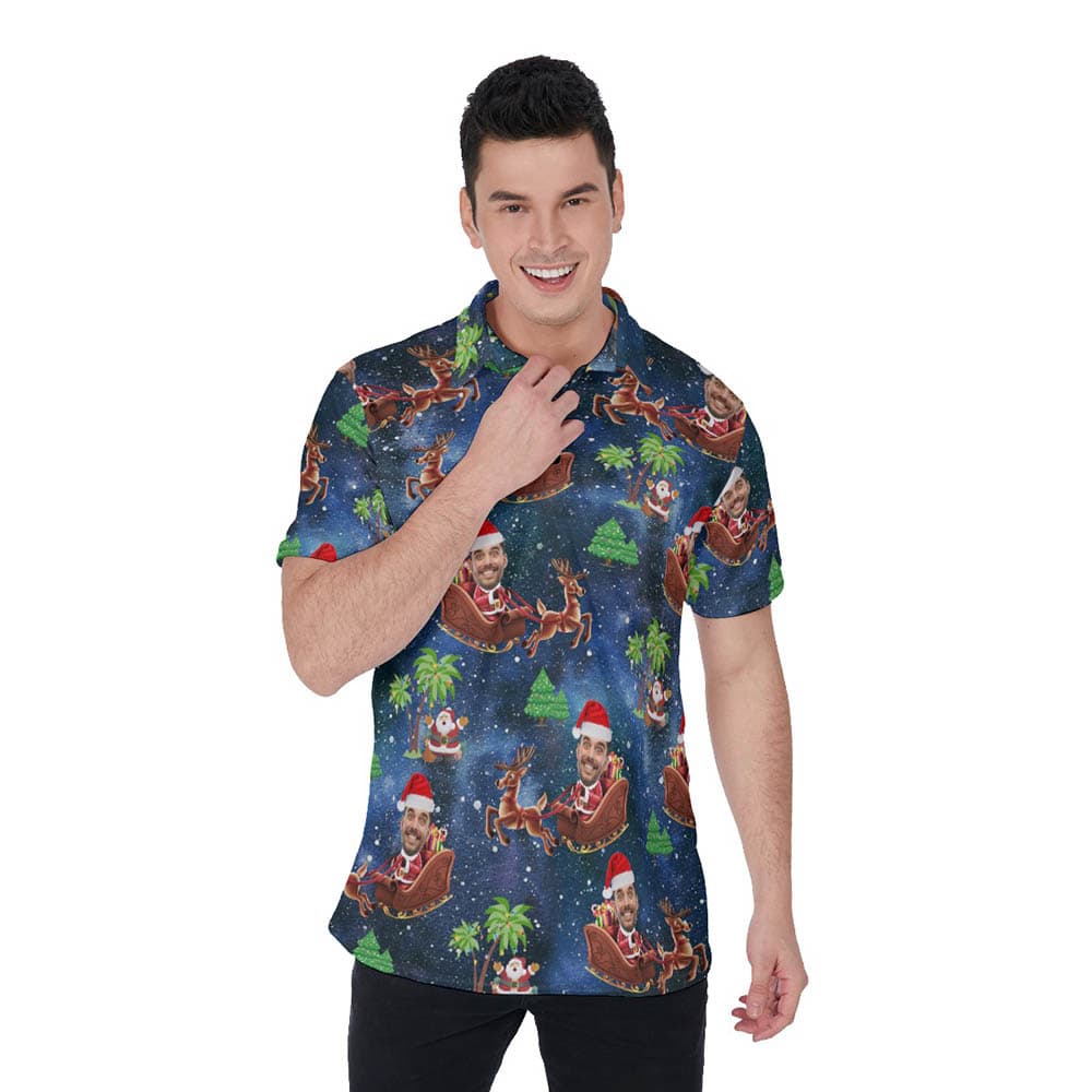 Custom Face Santa Riding Sleigh Christmas Hawaiian Polo Shirt For Men
