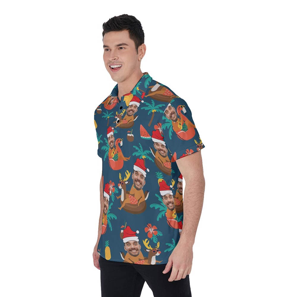 Custom Face Santa Summer Christmas Hawaiian Polo Shirt For Men