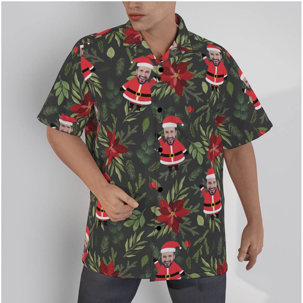 Custom Face Santa Tropical Poinsettia Hawaiian Shirt