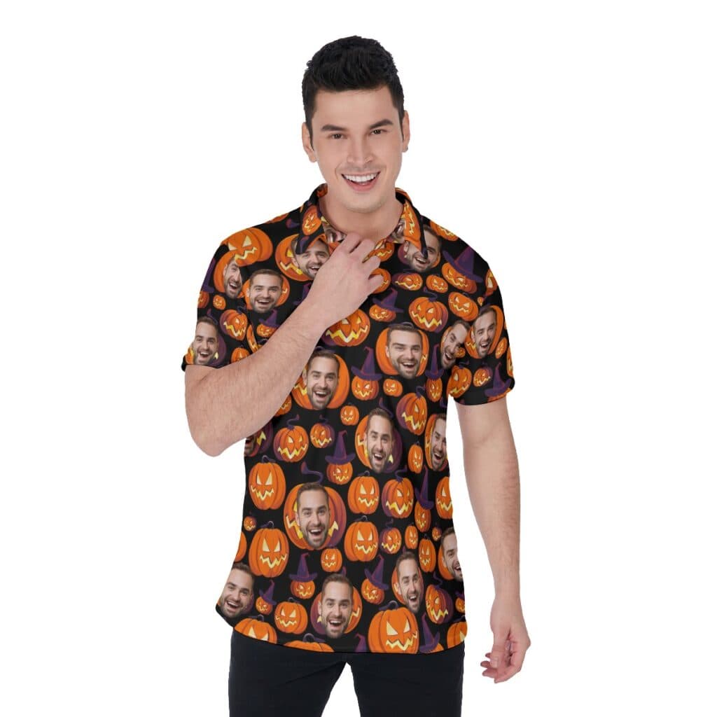 Custom Face Scary Halloween Pumpkin Hawaiian Polo Shirt For Men