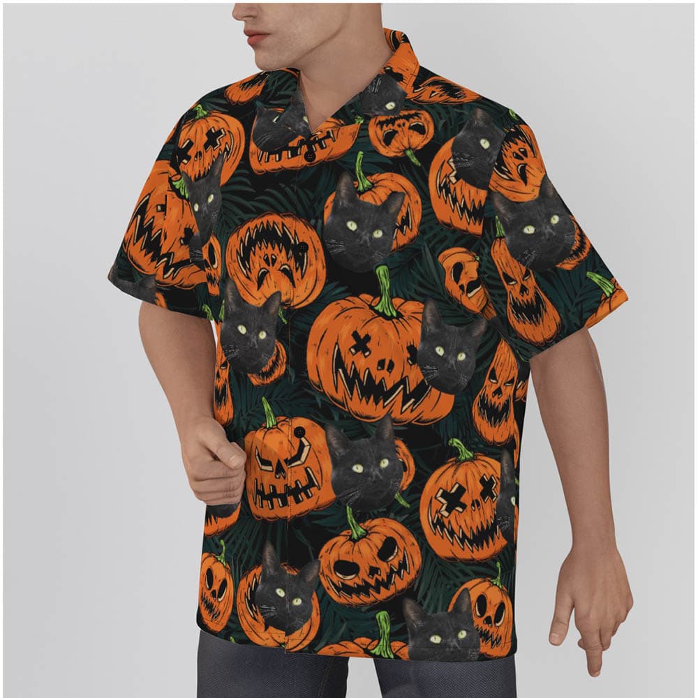Custom Halloween Pumpkin Hawaiian Shirt With Cat Face