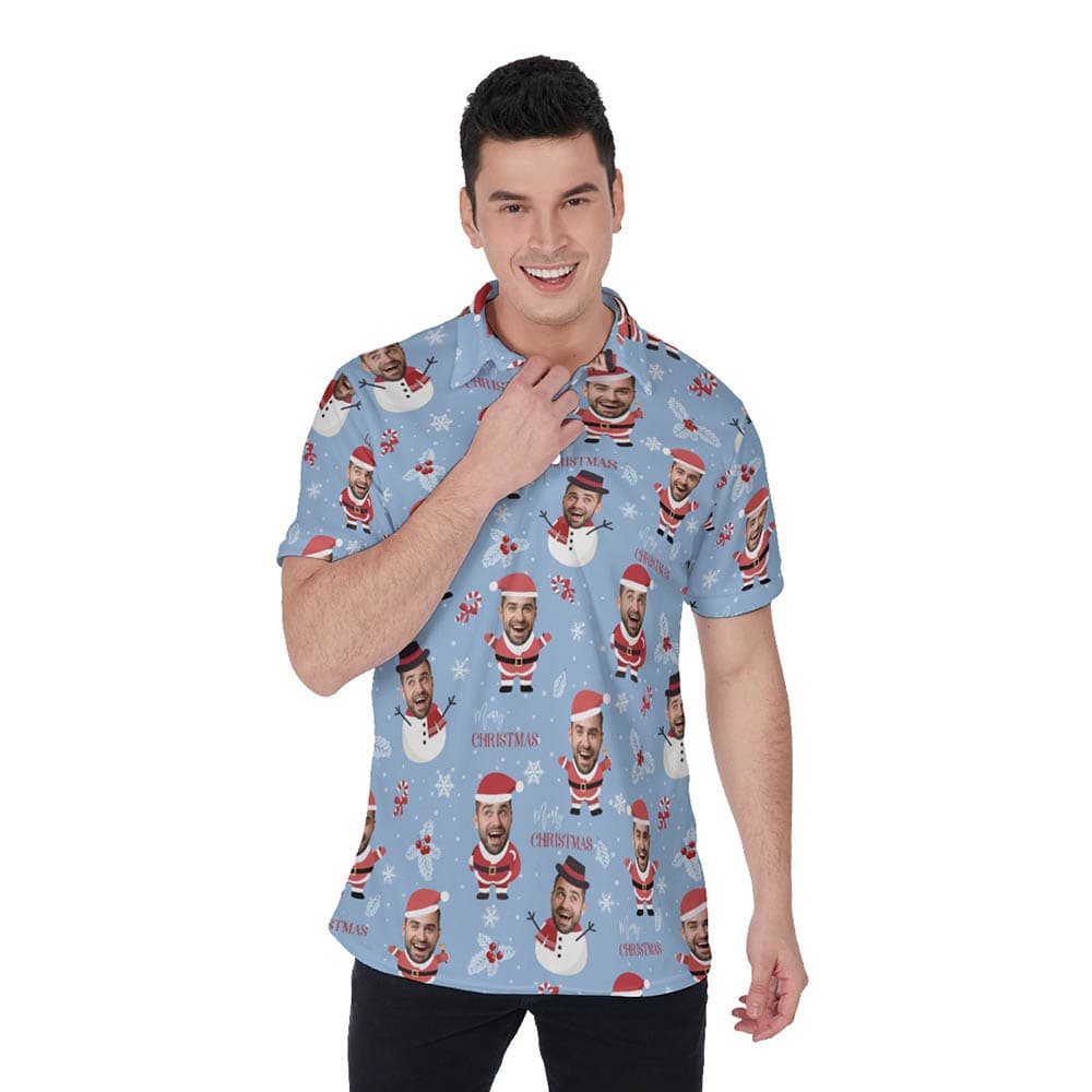 Cute Custom Face With Snowman Santa Christmas Hawaiian Polo Shirt For Men
