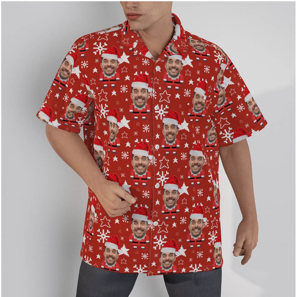 Cute Pixel Art Santa Claus Christmas Hawaiian Shirt With Custom Face