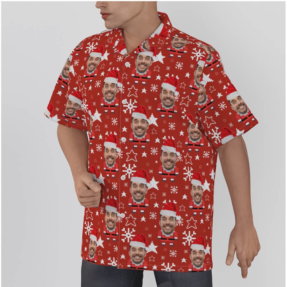 Cute Pixel Art Santa Claus Christmas Hawaiian Shirt With Custom Face