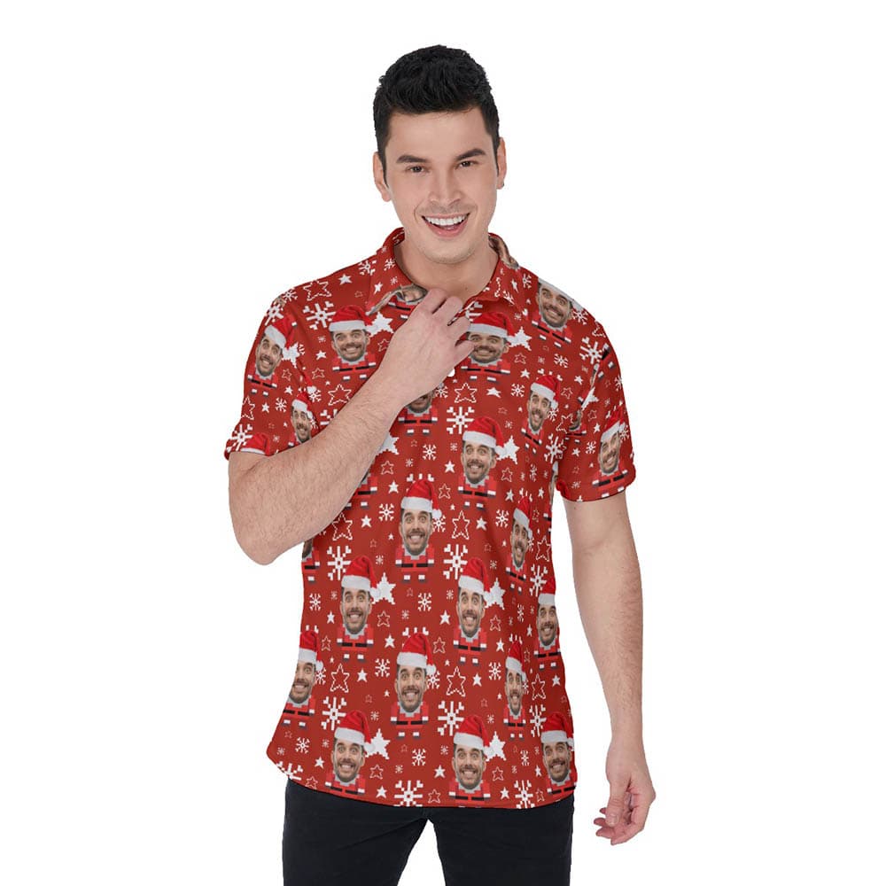 Cute Santa Pixel Art Christmas Hawaiian Polo Shirt With Custom Face