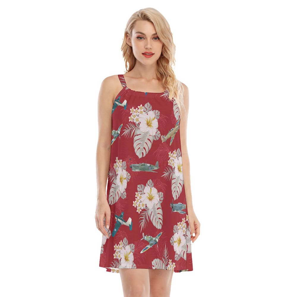 Floral Aircraft Red Hawaiian Cami Dress For Women (1)