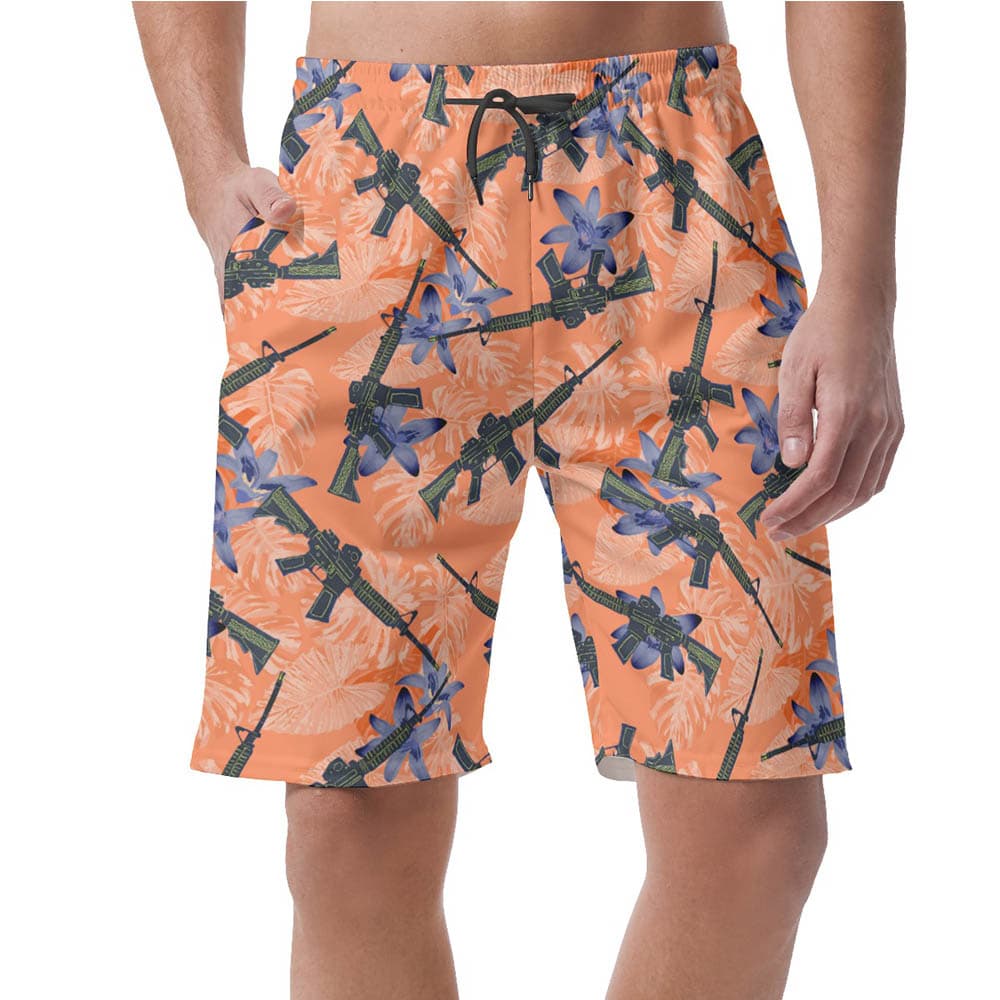 Floral Tactical Gun Orange Hawaiian Beach Shorts