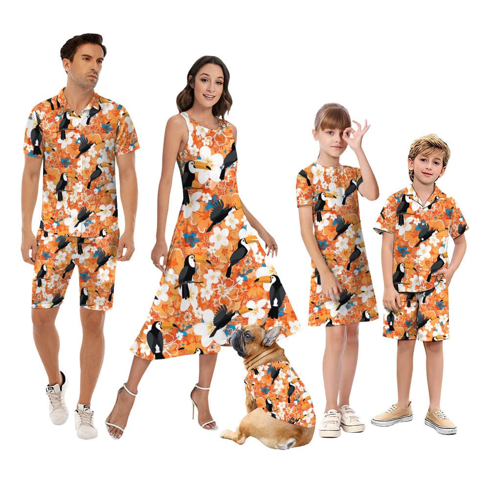 Floral Toucan Orange Matching Family Hawaiian Outfits