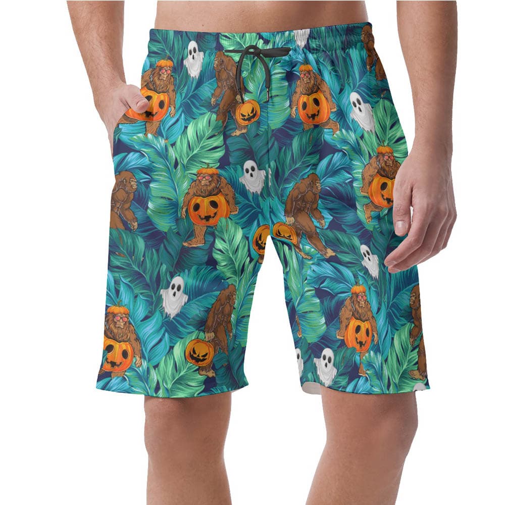 Funny Bigfoot Pumpkin Tropical Halloween Hawaiian Beach Shorts For Men