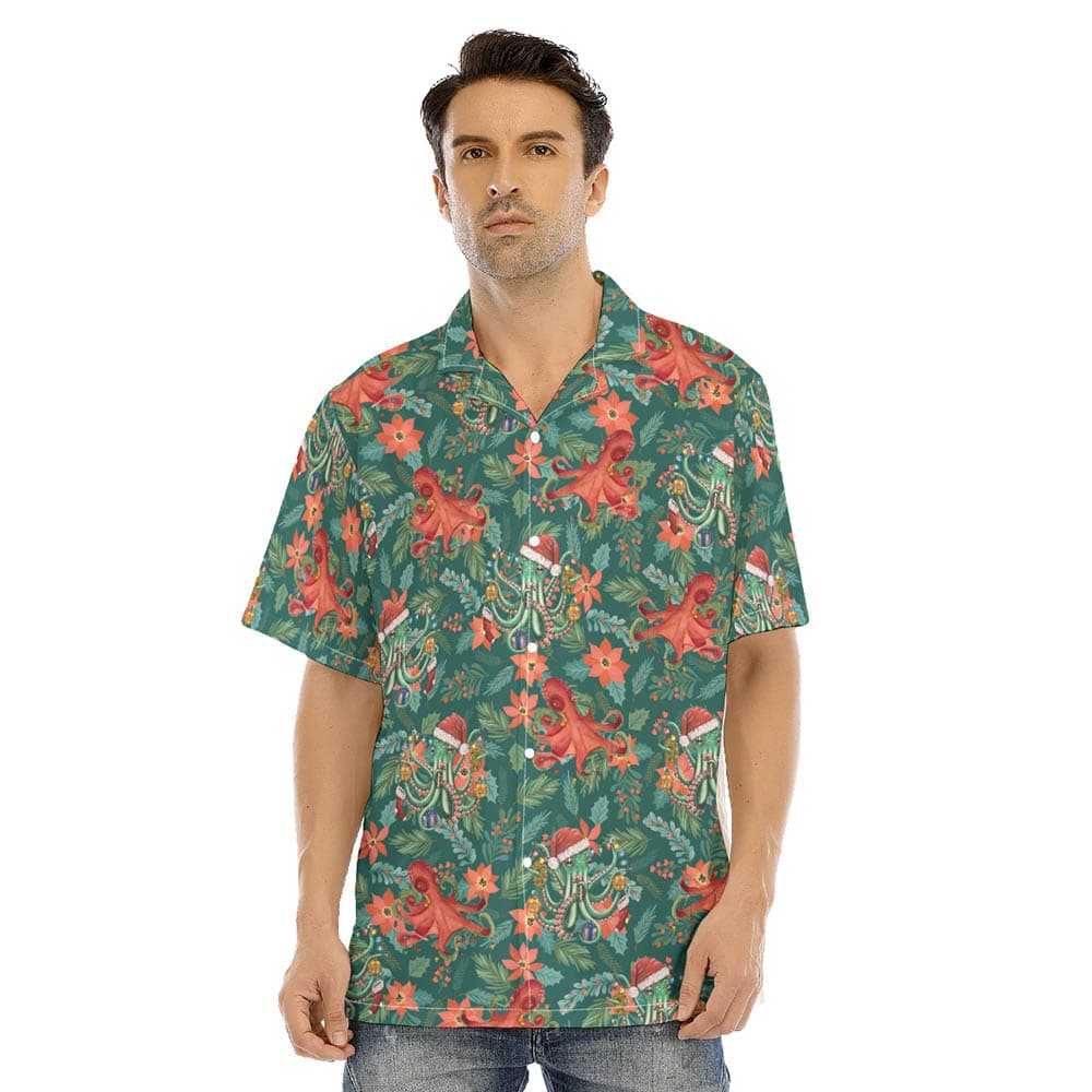Funny Christmas Octopus Poinsettia Floral Hawaiian Shirt