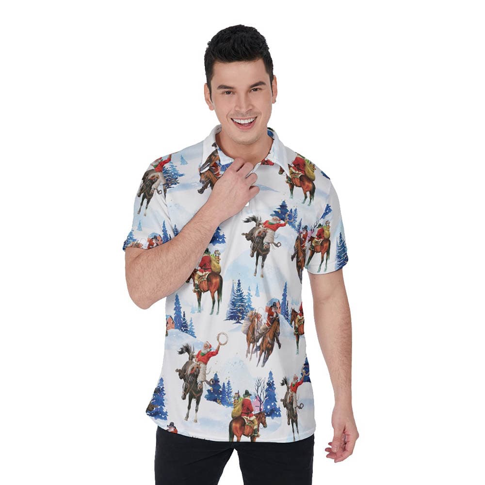 Funny Christmas Santa Cowboy Hawaiian Polo Shirt For Men