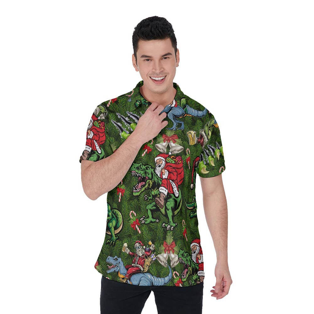 Funny Christmas Santa Riding Dinosaur Hawaiian Polo Shirt For Men
