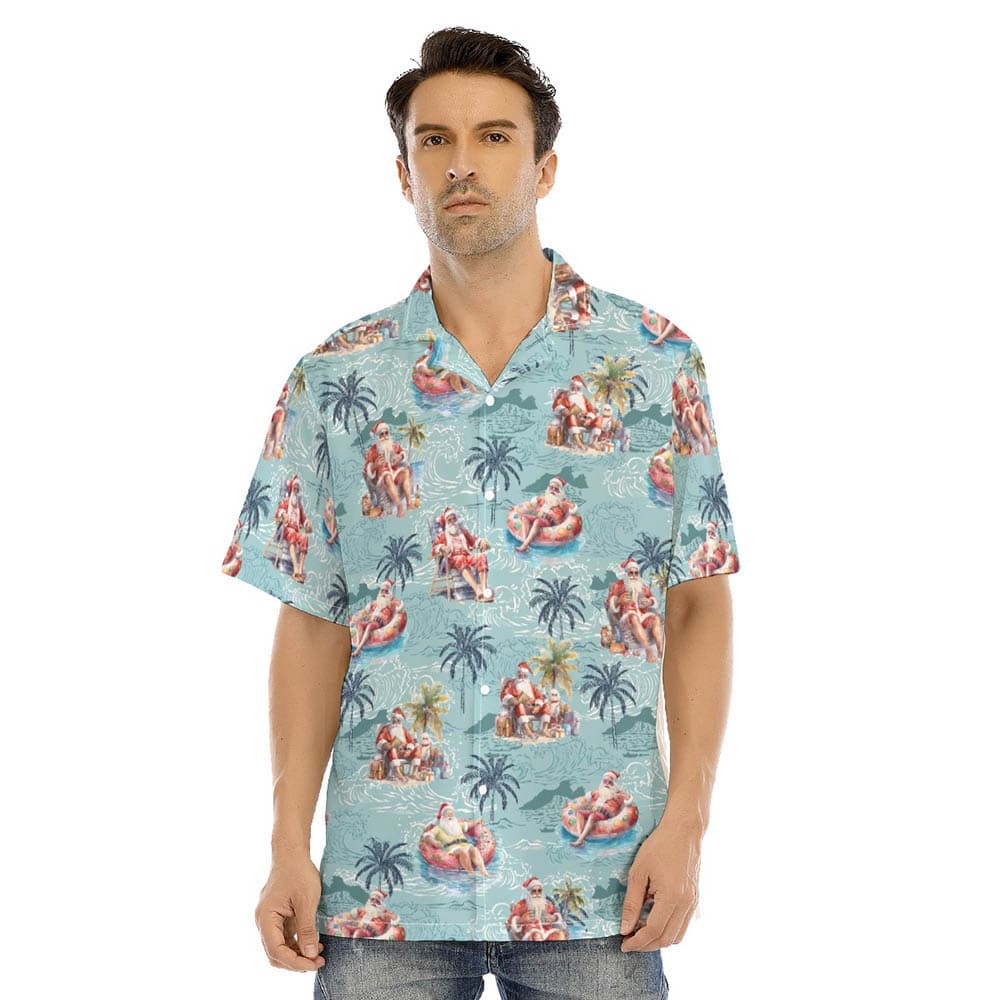 Funny Christmas Santa Summer Vacation Blue Hawaiian Shirt
