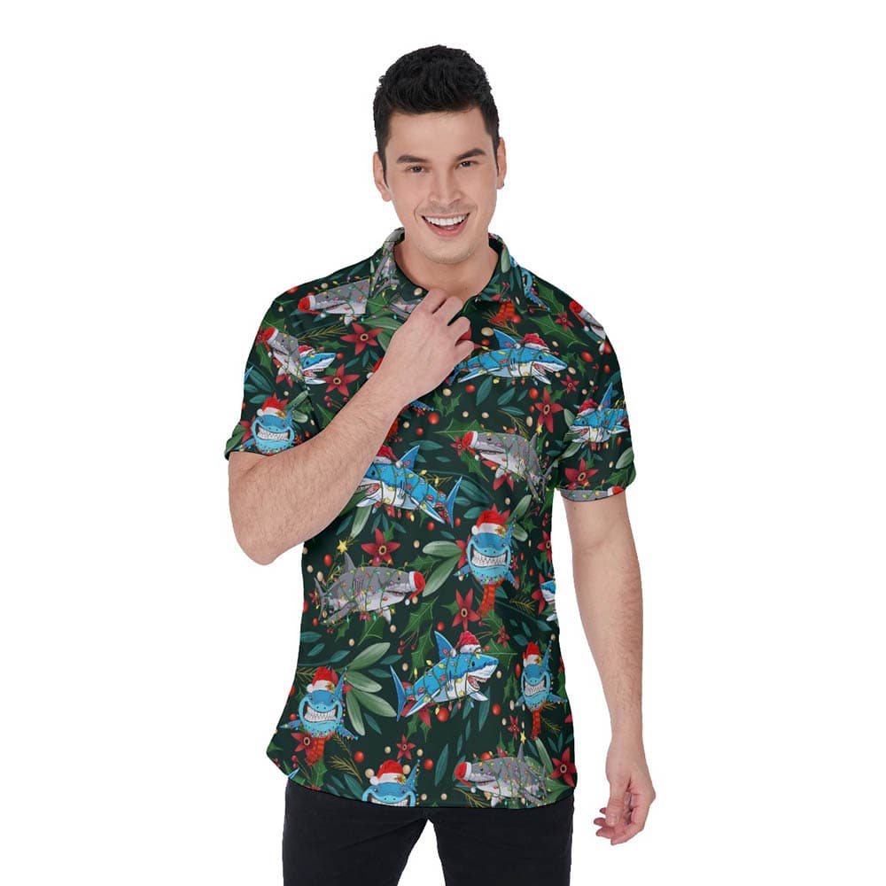 Funny Christmas Shark Floral Holly Hawaiian Polo Shirt For Men