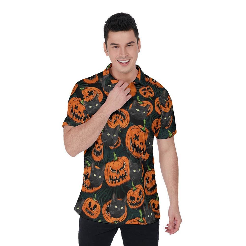 Funny Custom Cat Face Halloween Hawaiian Polo Shirt For Men