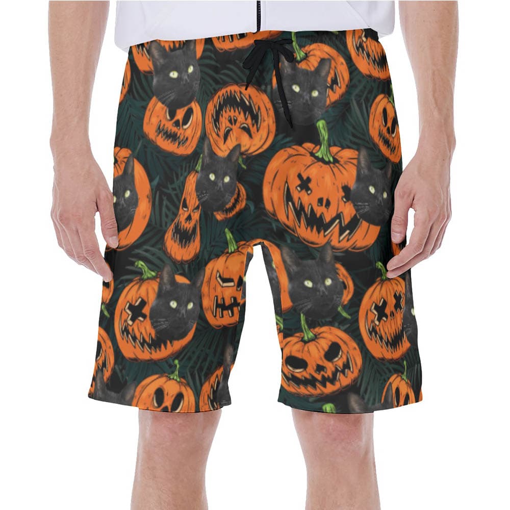 Funny Custom Cat Face Halloween Pumpkin Hawaiian Swim Trunks For Men