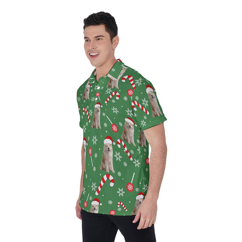 Funny Custom Dog Face Candy Cane Christmas Hawaiian Polo Shirt For Men