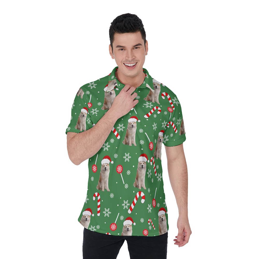 Funny Custom Dog Face Candy Cane Christmas Hawaiian Polo Shirt For Men