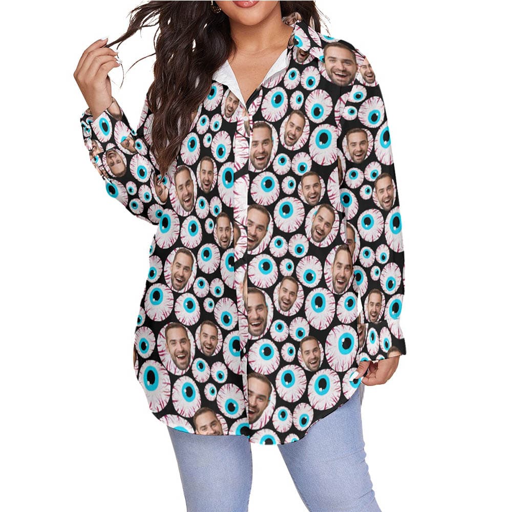 Funny Custom Face Halloween Eyeballs Hawaiian Plus Size Shirt For Women