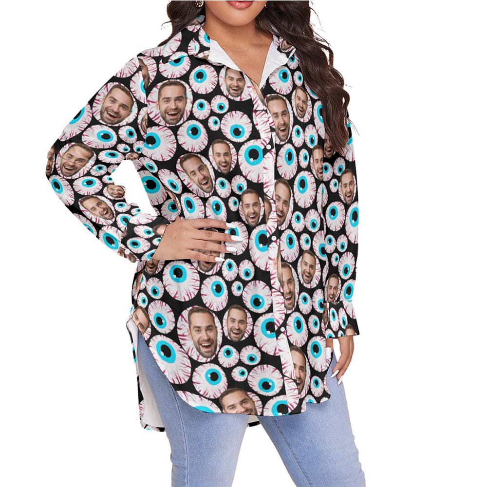 Funny Custom Face Halloween Eyeballs Hawaiian Plus Size Shirt For Women