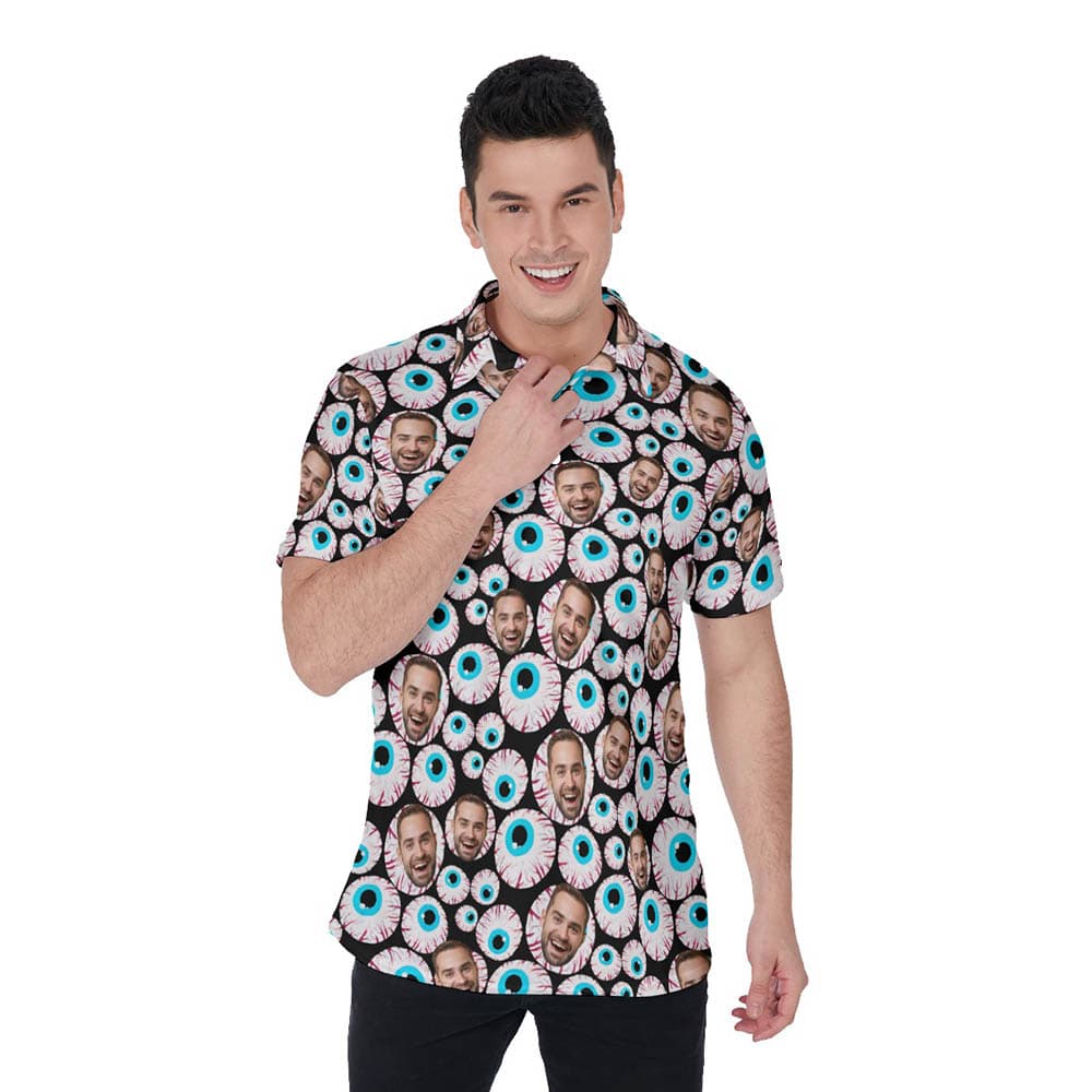 Funny Custom Face Halloween Eyeballs Hawaiian Polo Shirt For Men
