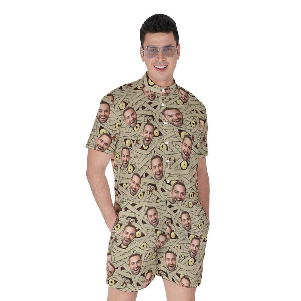 Funny Custom Face Halloween Mummy Costume Hawaiian Romper For Men