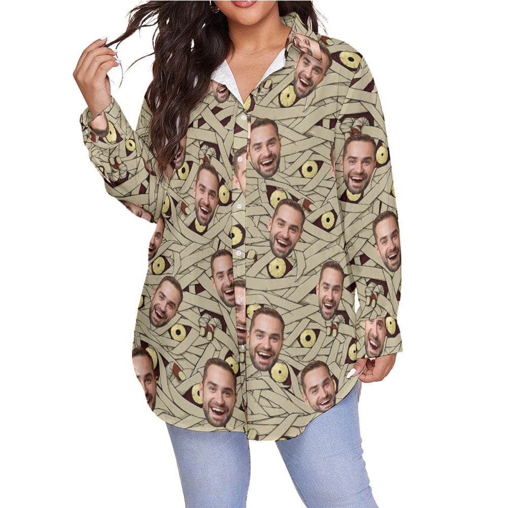 Funny Custom Face Halloween Mummy Hawaiian Plus Size Shirt For Women
