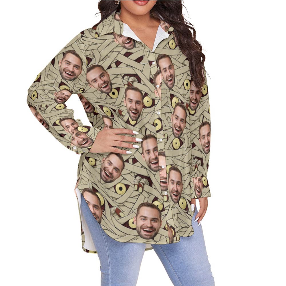 Funny Custom Face Halloween Mummy Hawaiian Plus Size Shirt For Women