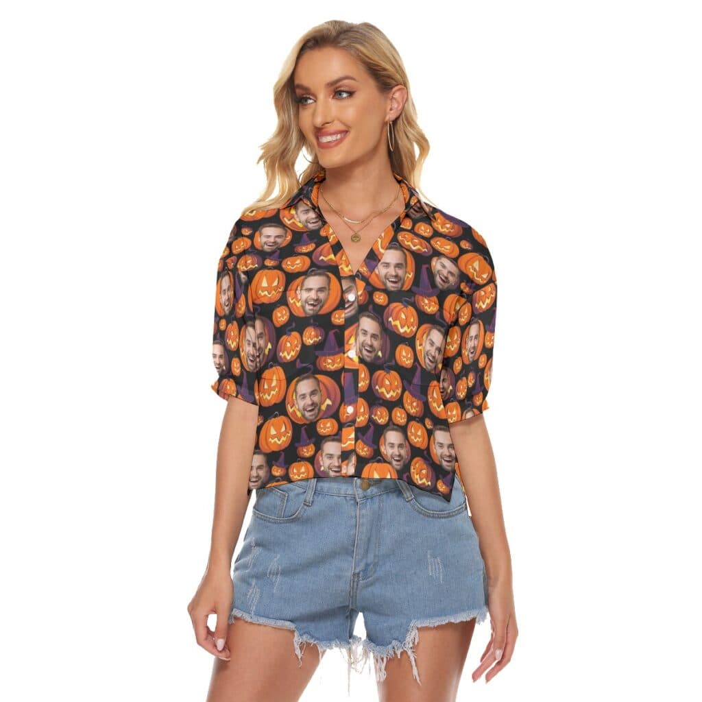 Funny Custom Face Halloween Pumpkin Hawaiian Cropped Shirt For Women