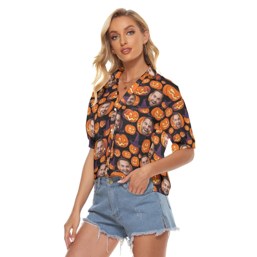 Funny Custom Face Halloween Pumpkin Hawaiian Cropped Shirt For Women