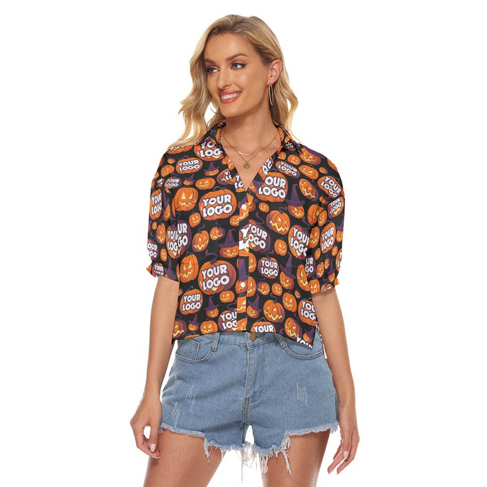 Funny Custom Face Halloween Scary Pumpkin Hawaiian Crop Top Shirt For Women