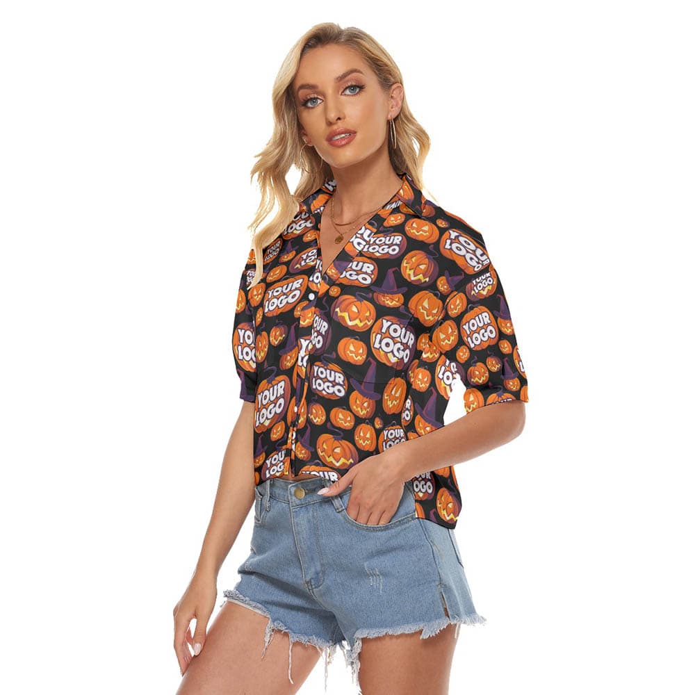 Funny Custom Face Halloween Scary Pumpkin Hawaiian Crop Top Shirt For Women